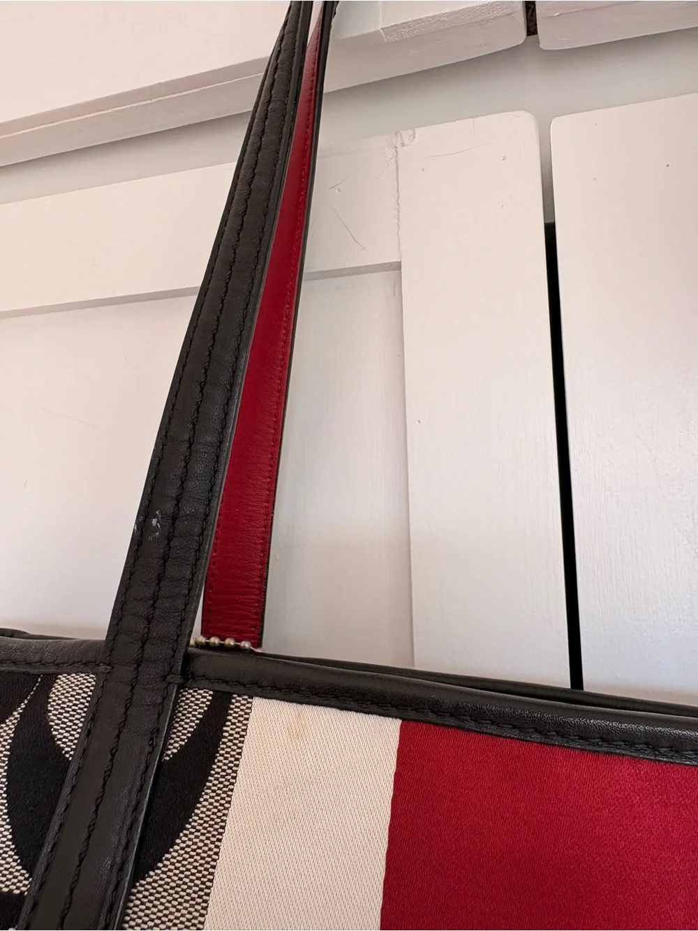 Coach Signature Stripe Tote Bag - Black, White & Red